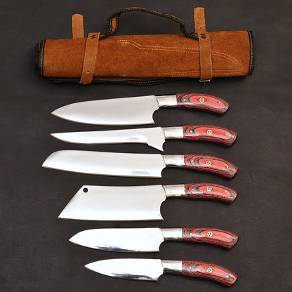 5 Piece Chef Knife Set with Leather roll kit Birthday & anniversary gift