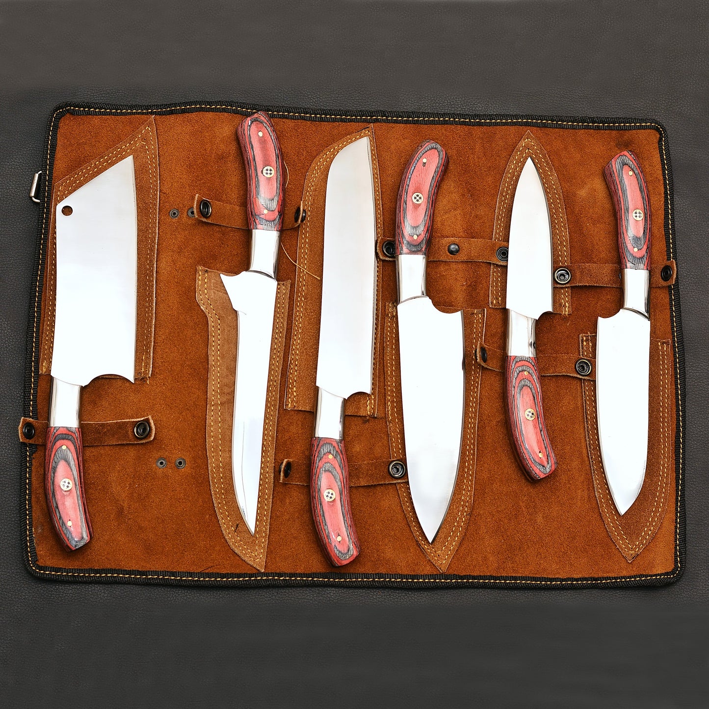 5 Piece Chef Knife Set with Leather roll kit Birthday & anniversary gift