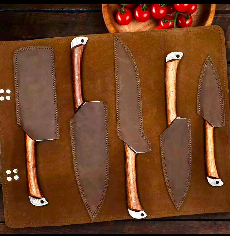 Custom Hand-Forged Damascus Steel Chef Knife Set - 5-Piece Luxury BBQ Kitchen Knives, Ideal Gifts for Birthdays, Anniversary, and Christmas