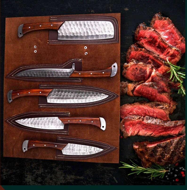 Custom Hand-Forged Damascus Steel Chef Knife Set - 5-Piece Luxury BBQ Kitchen Knives, Ideal Gifts for Birthdays, Anniversary, and Christmas